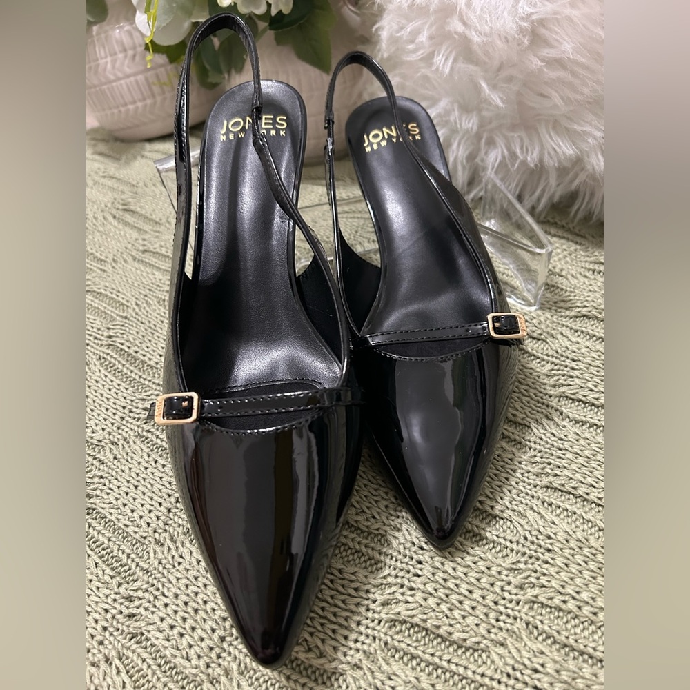 NEW Jones New York Size 10W Black Patent Pointed Slingback Pumps w/Gold Buckles